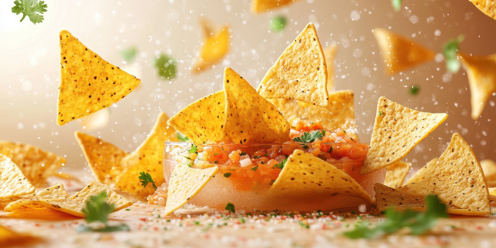 Delicious nachos flying around fresh salsa with cilantro garnish during a festive gathering